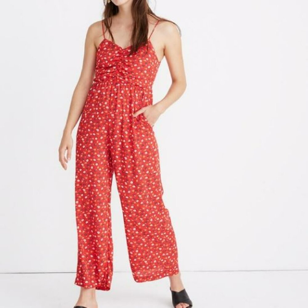 Madewell | Ruched Wide Leg Red Jumpsuit | Prairie Posies Floral Pattern, Size 14